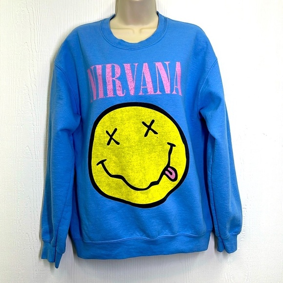 Gildan - Light Blue Nirvana Smiley Face Bright Graphic Crewneck Sweatshirt M - Picture 1 of 8